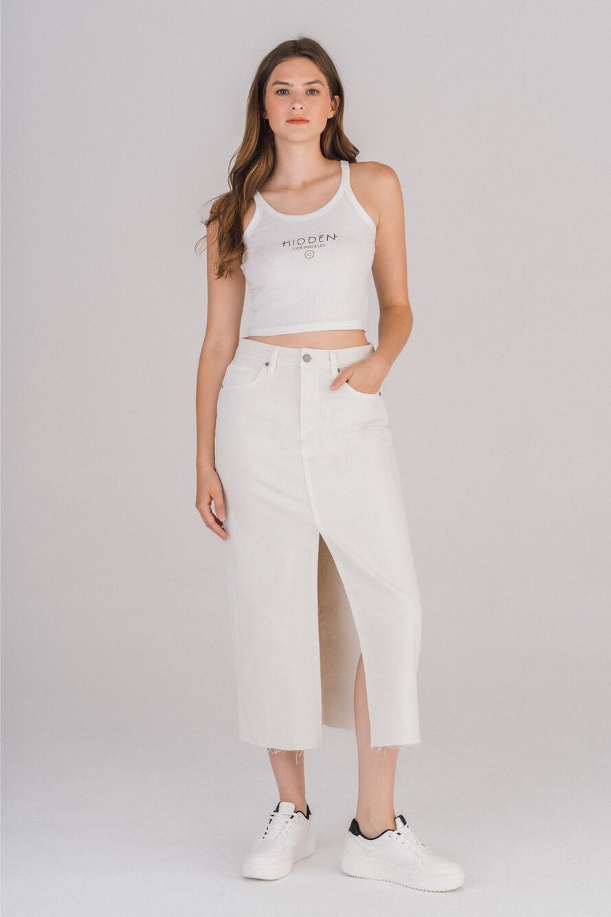 HIDDEN JEANS Peyton Midi Skirt Cream Small Front Slit Raw Hem